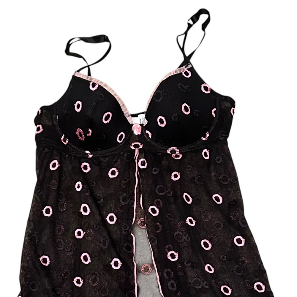Rampage Nighty Women Medium Black Pink Excellent Sheer Mesh Embroidered Babydoll - Picture 2 of 6
